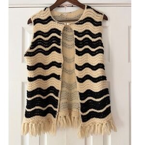 Vintage ILGWU 100% Virgin Wool Knit Vest Wavy Stripe Fringe Cream Black 70s Boho